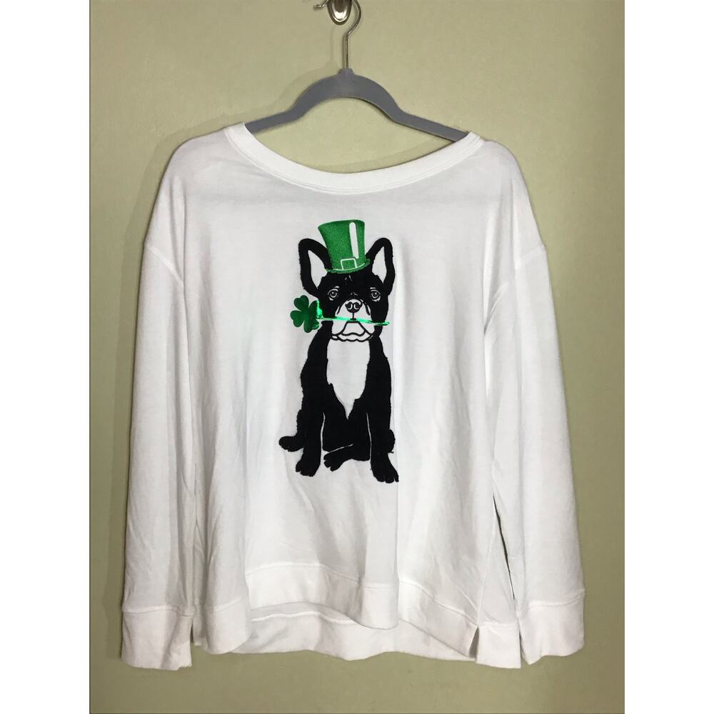 Jane & Delancey Women French Bulldog Shamrock Soft Sweatshirt  Sz. Lrg White NWT